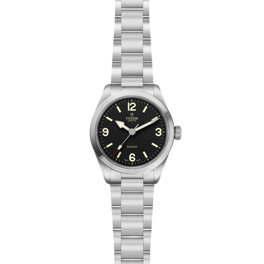 full view of Tudor Ranger highlighting the brushed steel bracelet and smooth case design
