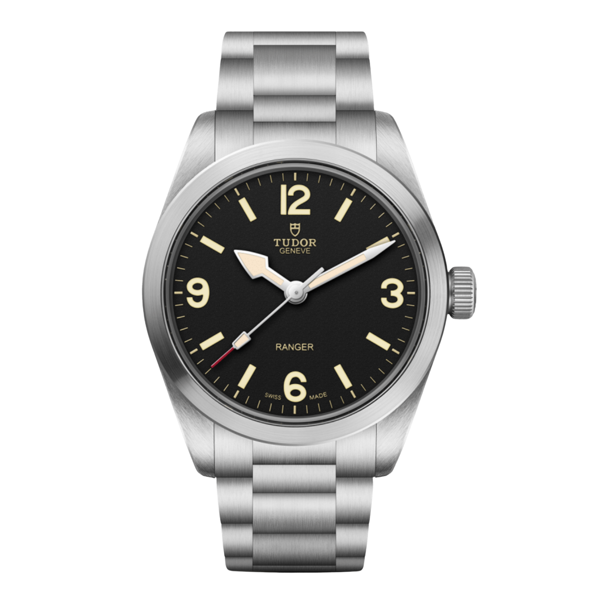 Tudor Ranger watch with black dial and stainless steel bracelet