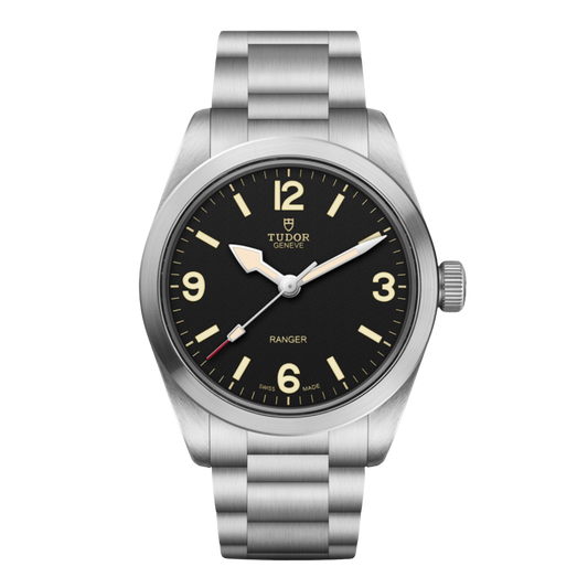 Tudor Ranger watch with black dial and stainless steel bracelet