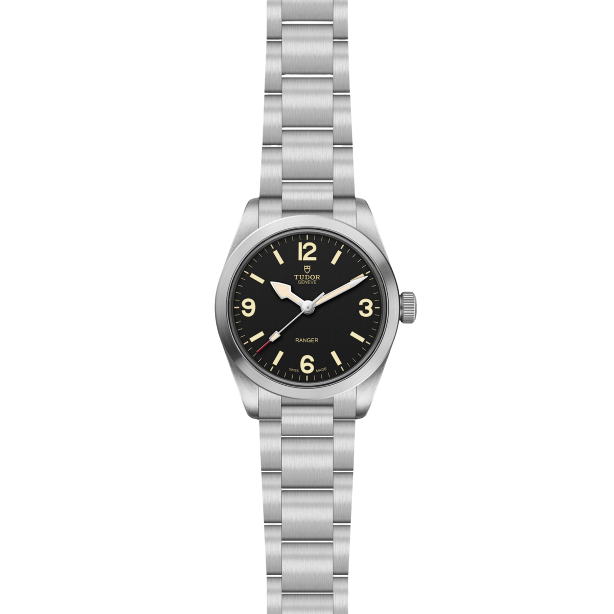 full view of Tudor Ranger highlighting the brushed steel bracelet and clean case proportions
