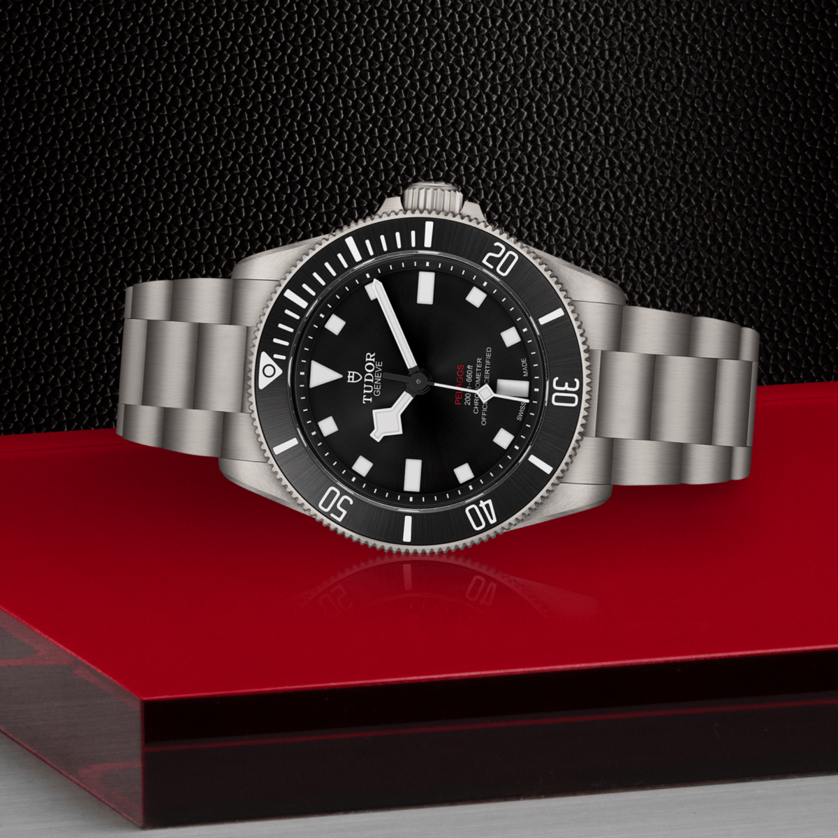 Tudor Pelagos positioned on its side showcasing the case thickness, bezel edge and crown profile