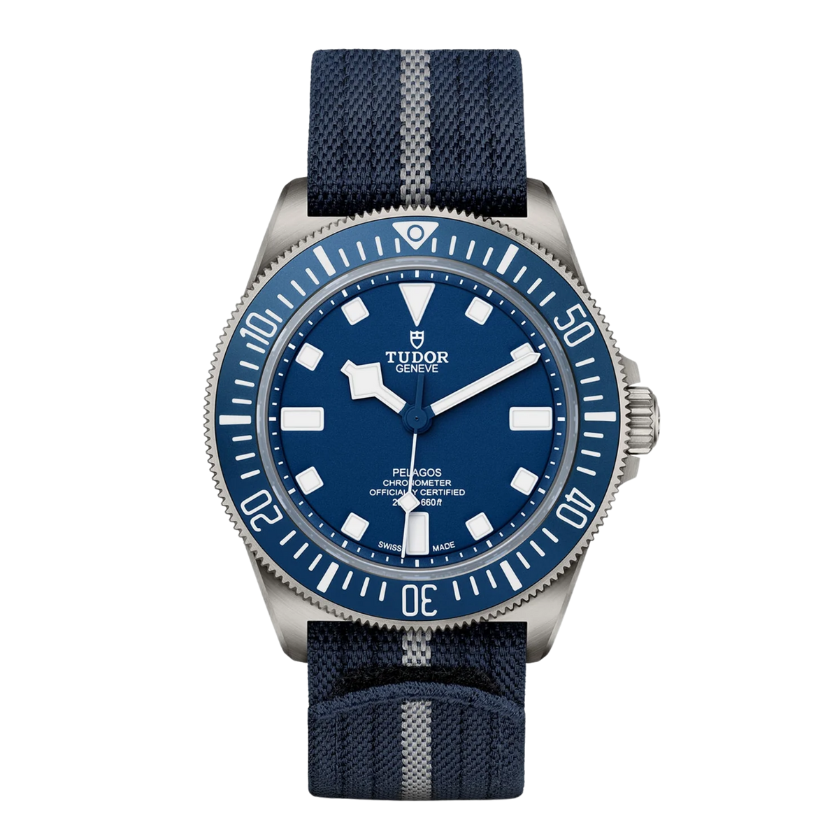 TUDOR Pelagos FXD 42mm automatic dive watch with navy blue dial and blue fabric strap