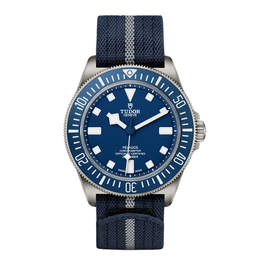 TUDOR Pelagos FXD 42mm automatic dive watch with navy blue dial and blue fabric strap