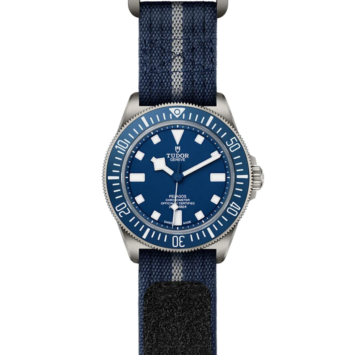 TUDOR Pelagos FXD 42mm titanium watch with navy blue dial, ceramic bezel and fabric strap