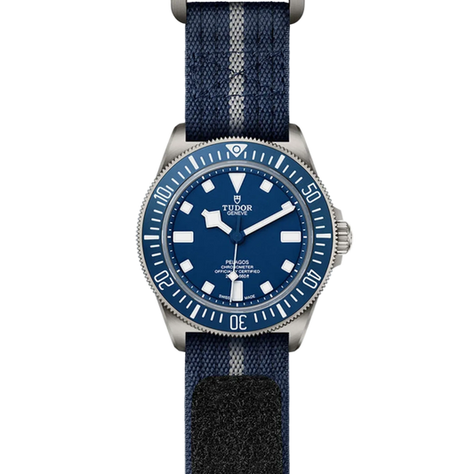 TUDOR Pelagos FXD 42mm titanium watch with navy blue dial, ceramic bezel and fabric strap