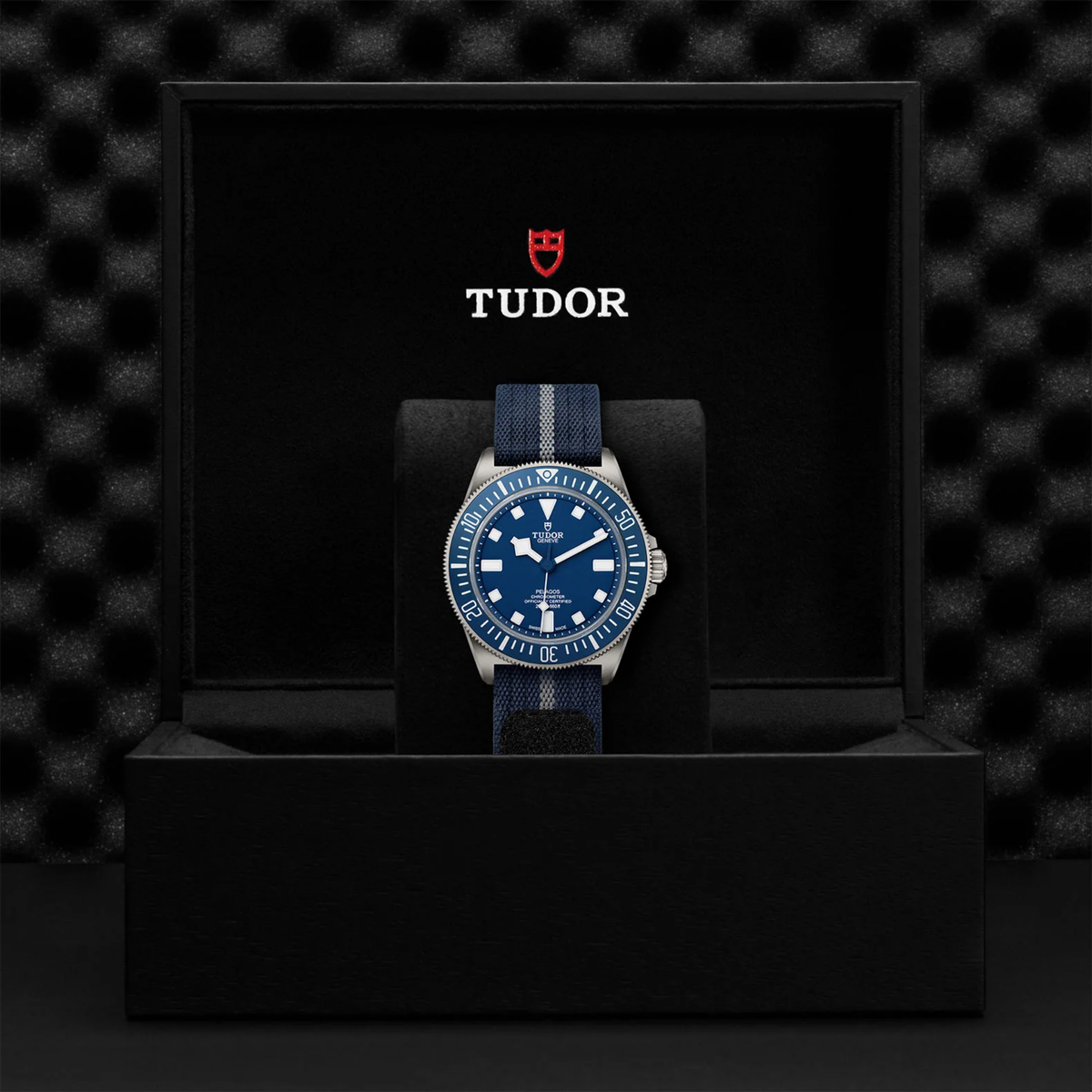 TUDOR Pelagos FXD automatic watch with blue dial, titanium case and navy blue fabric strap