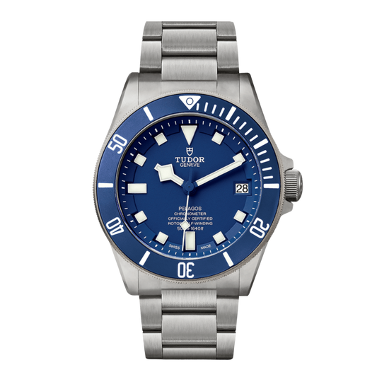 Tudor Pelagos blue dial titanium bracelet dive watch with matching blue bezel and date display