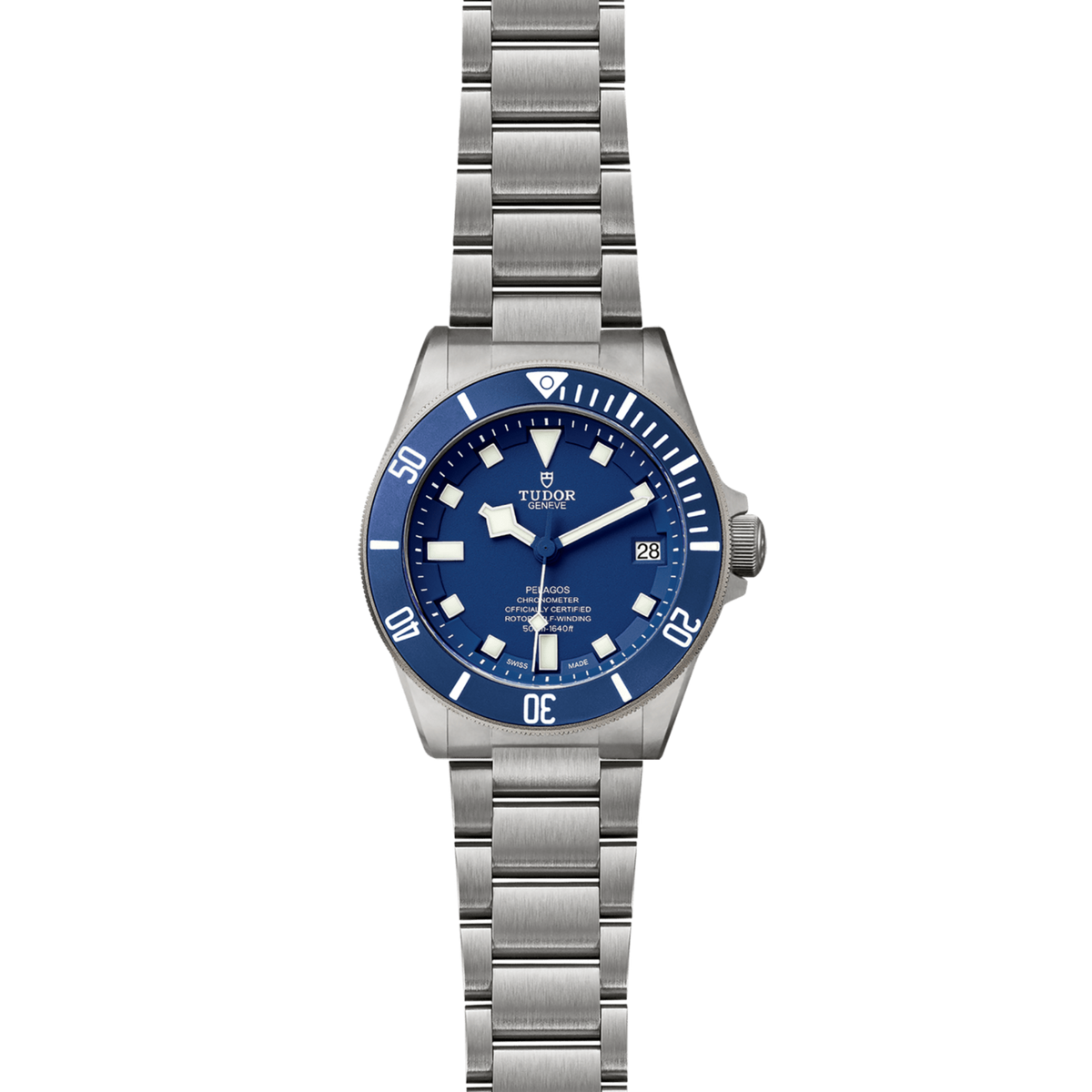 full view of Tudor Pelagos showing the complete titanium bracelet and bold dive-ready proportions