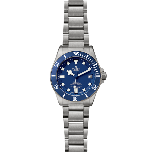 full view of Tudor Pelagos showing the complete titanium bracelet and bold dive-ready proportions