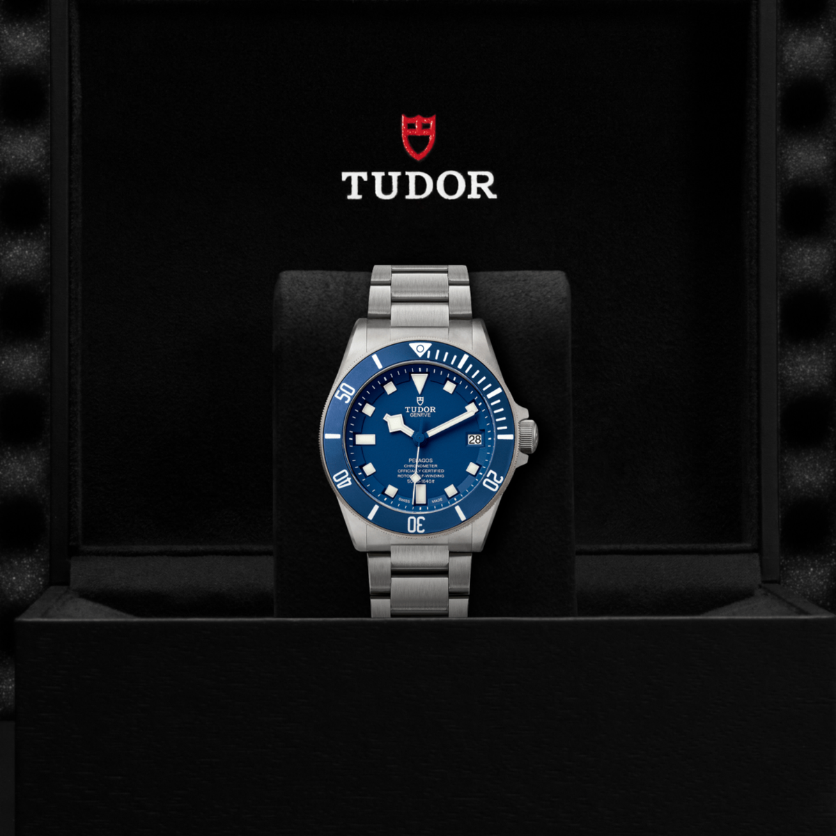 Tudor Pelagos displayed in its presentation box with interior detailing and premium packaging finish