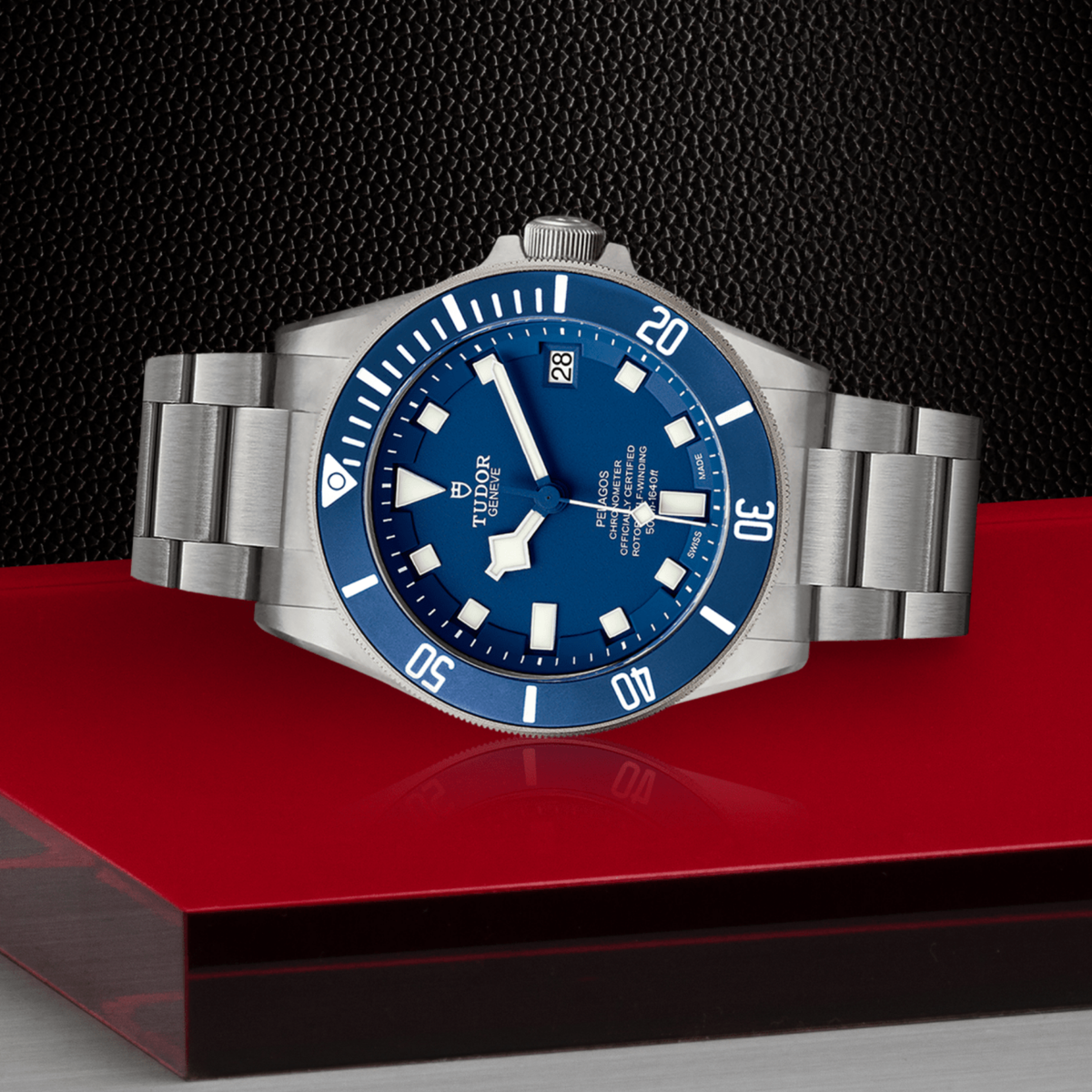 Tudor Pelagos positioned on its side showcasing the case thickness, bezel edge and crown design