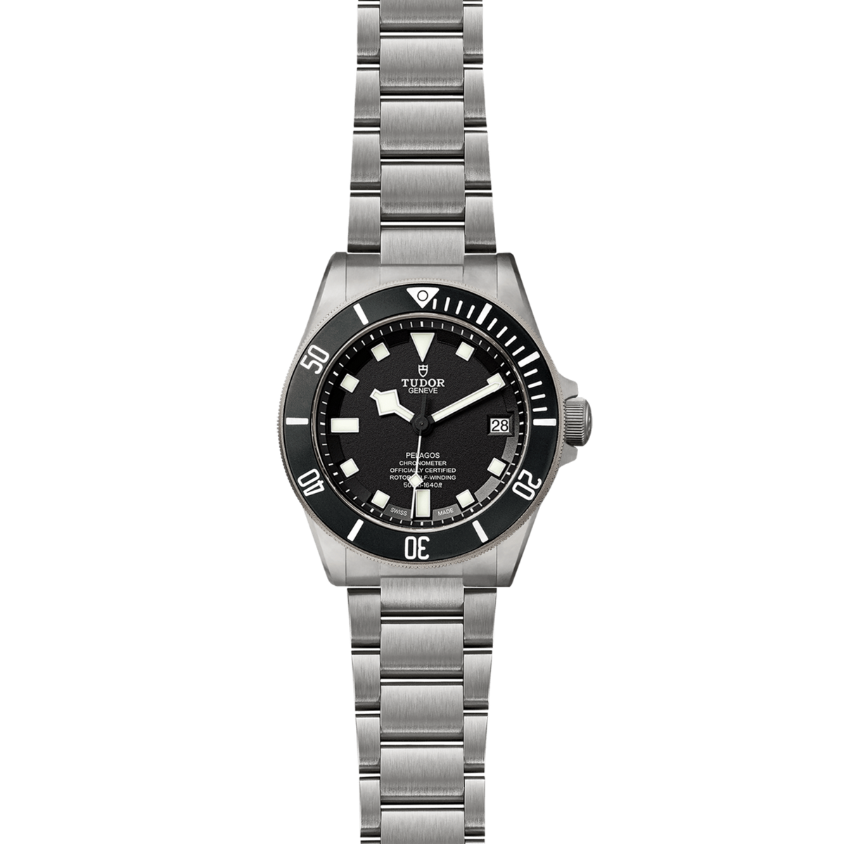 full view of Tudor Pelagos showing the complete titanium bracelet and clean, functional dive-watch proportions