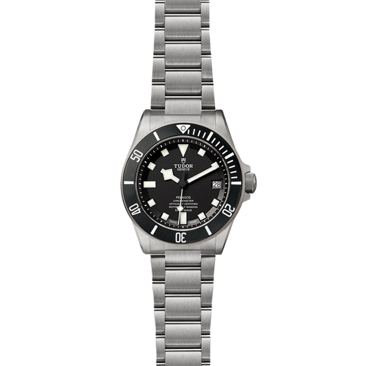 full view of Tudor Pelagos showing the complete titanium bracelet and clean, functional dive-watch proportions