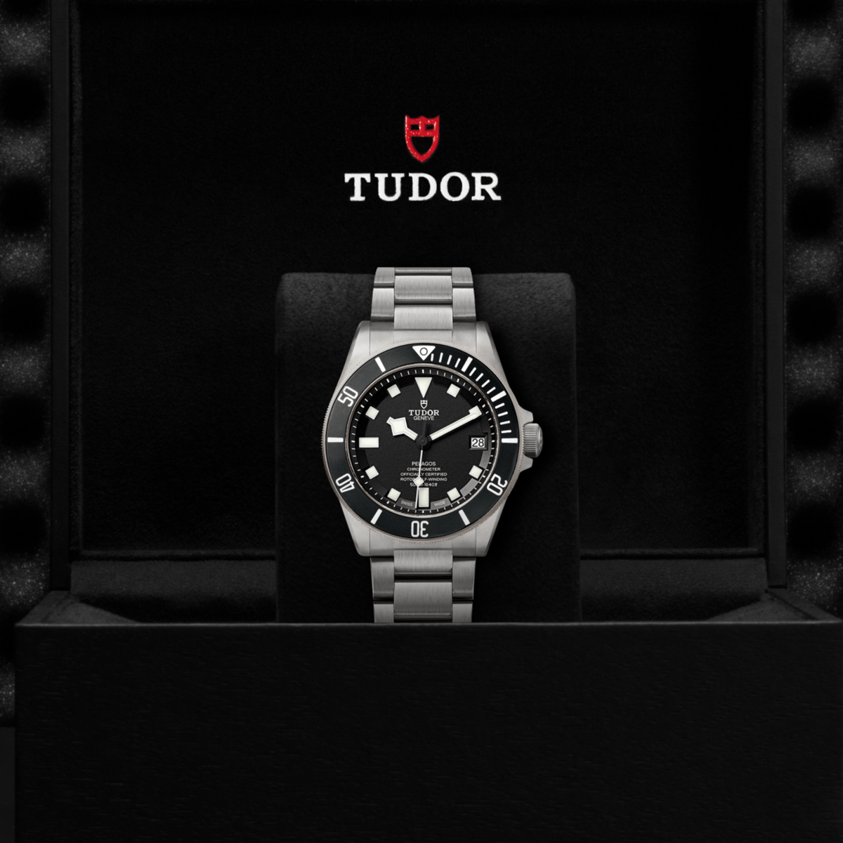 Tudor Pelagos displayed in its presentation box with interior detailing and premium packaging finish