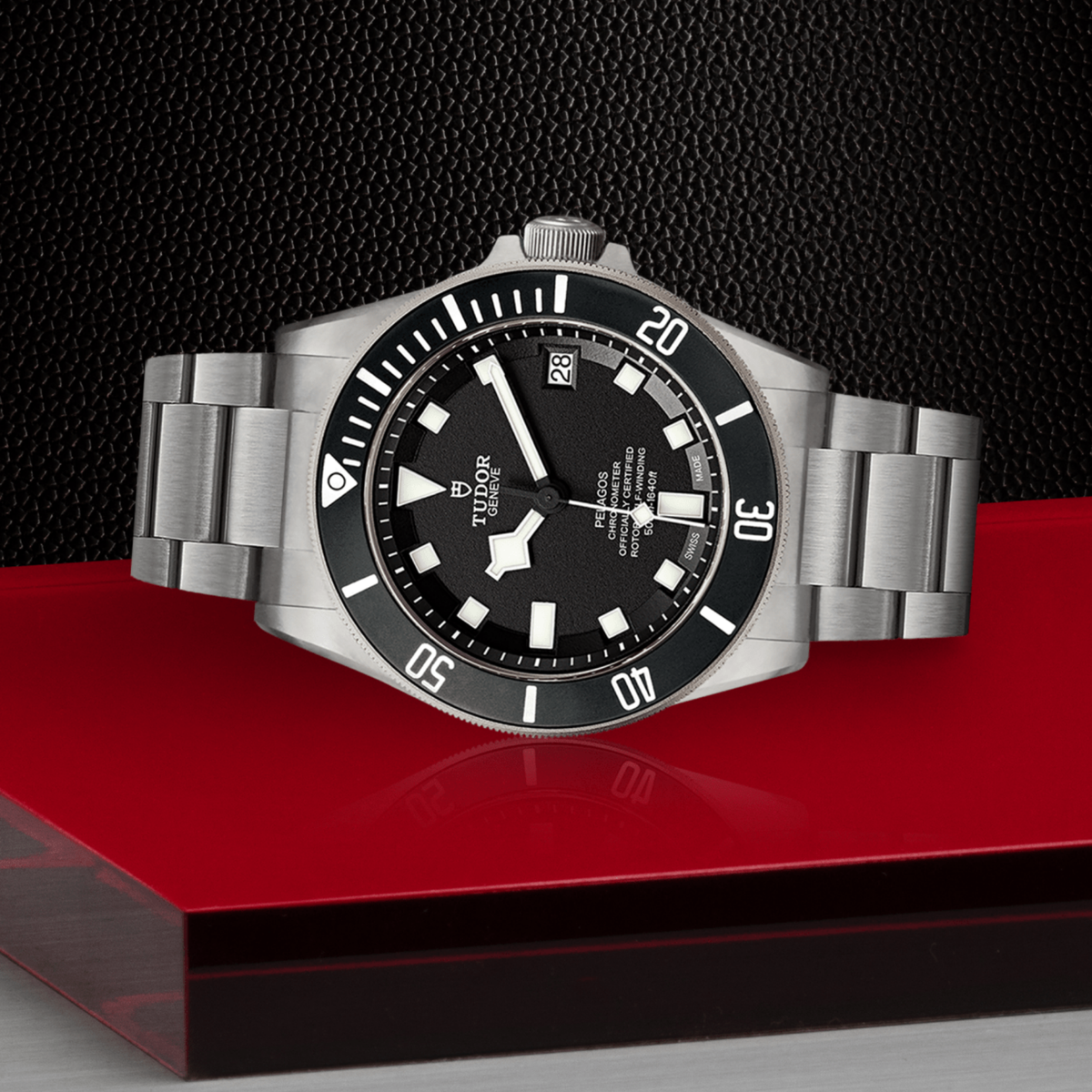 Tudor Pelagos positioned on its side showcasing the case thickness, bezel edge and crown design