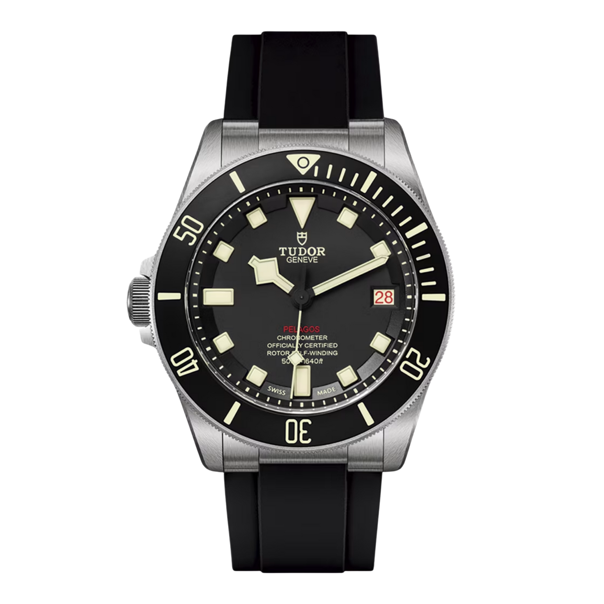 Front view of a Tudor Pelagos automatic dive watch featuring a black dial, black ceramic bezel, titanium case, date window, and black rubber strap on a transparent background.