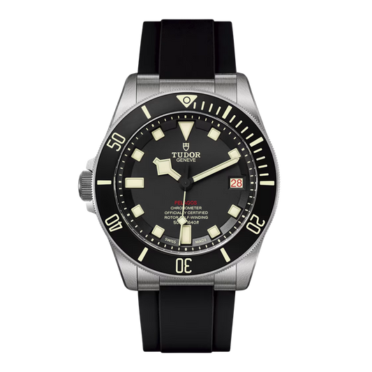 Front view of a Tudor Pelagos automatic dive watch featuring a black dial, black ceramic bezel, titanium case, date window, and black rubber strap on a transparent background.
