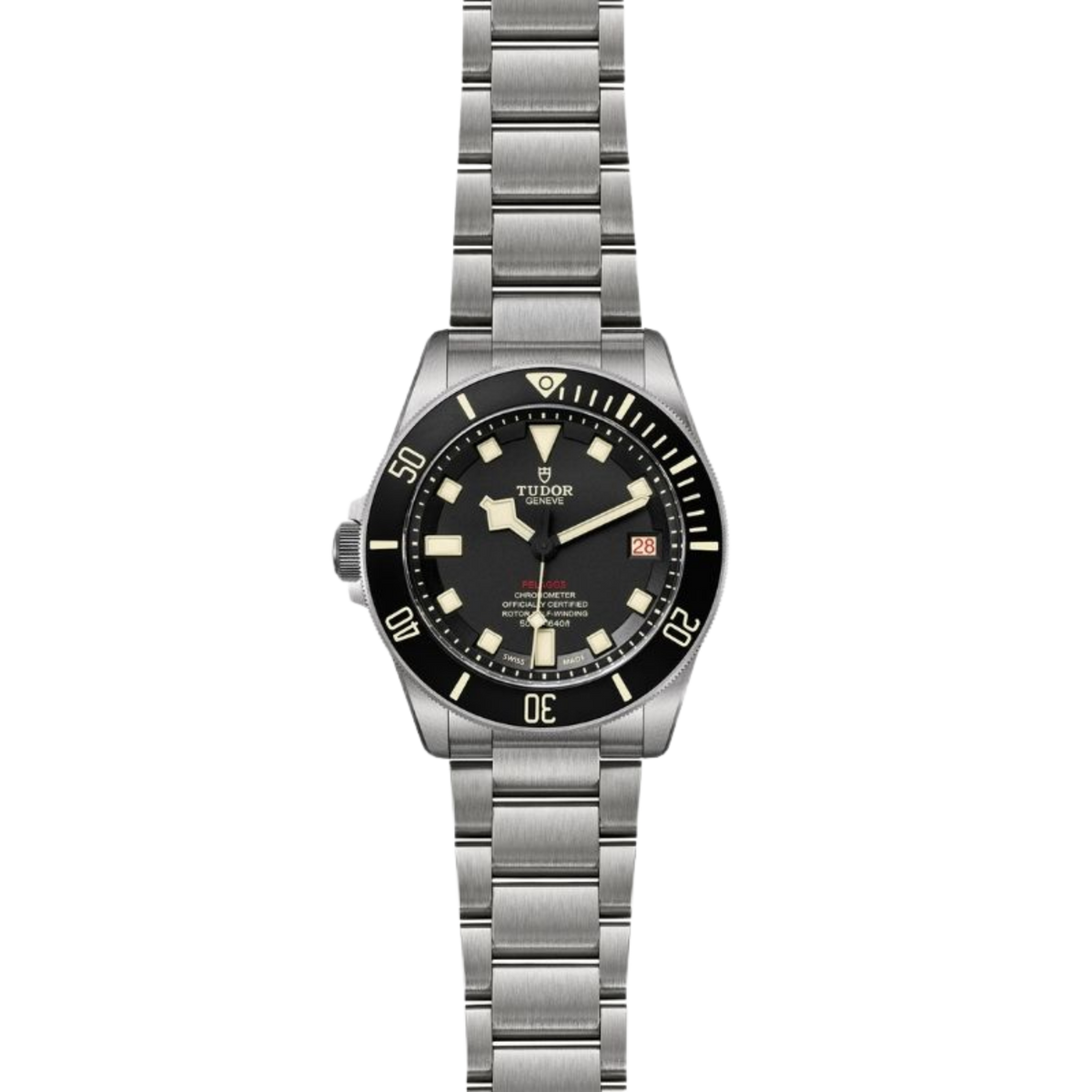 Front view of a Tudor Pelagos dive watch with a black dial, unidirectional black bezel, titanium case, date display, and matching titanium bracelet on a transparent background.