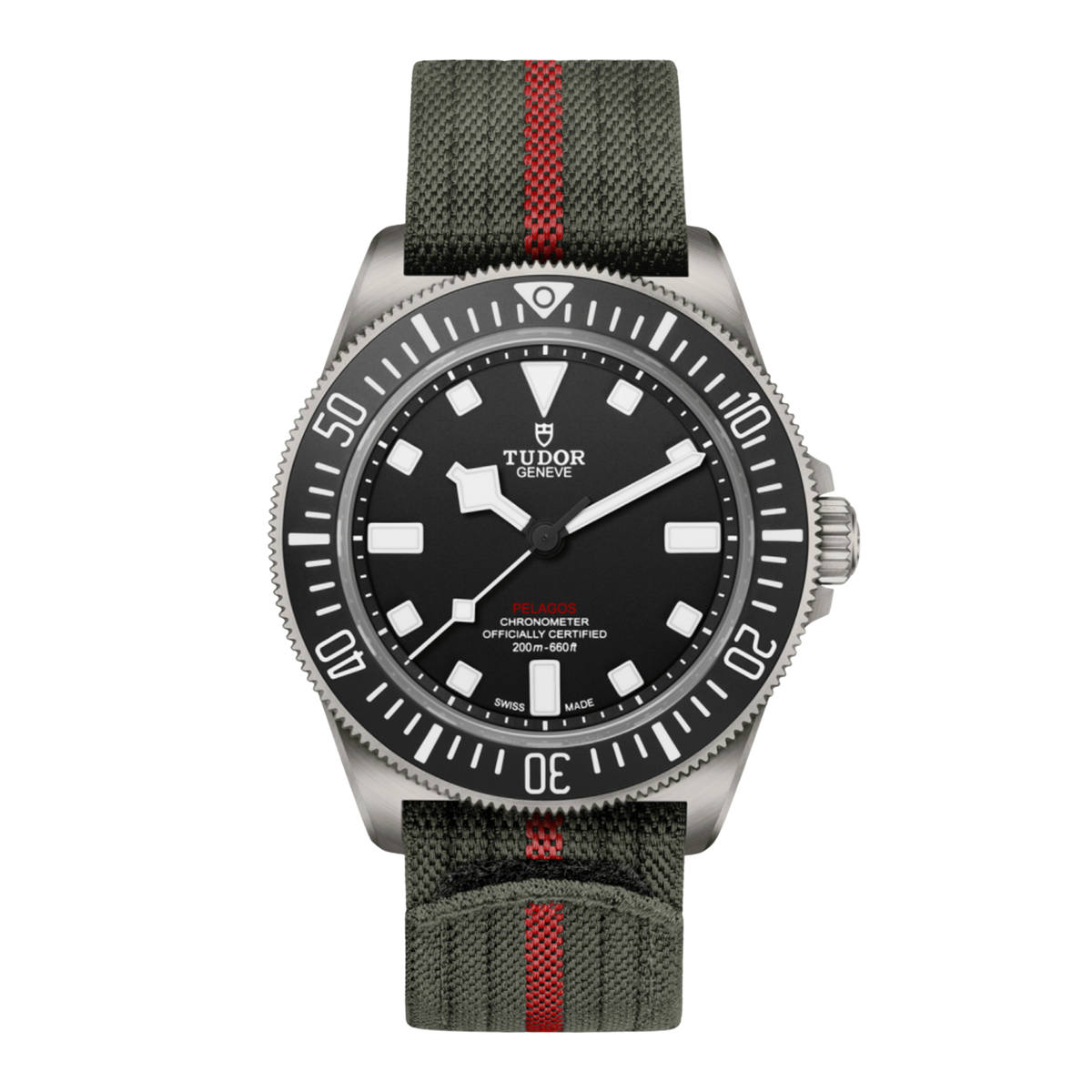 Tudor Pelagos black dial titanium dive watch with green fabric strap and red centre stripe