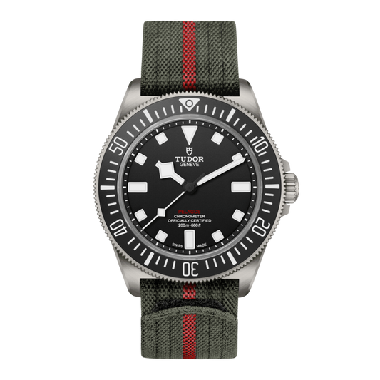 Tudor Pelagos black dial titanium dive watch with green fabric strap and red centre stripe