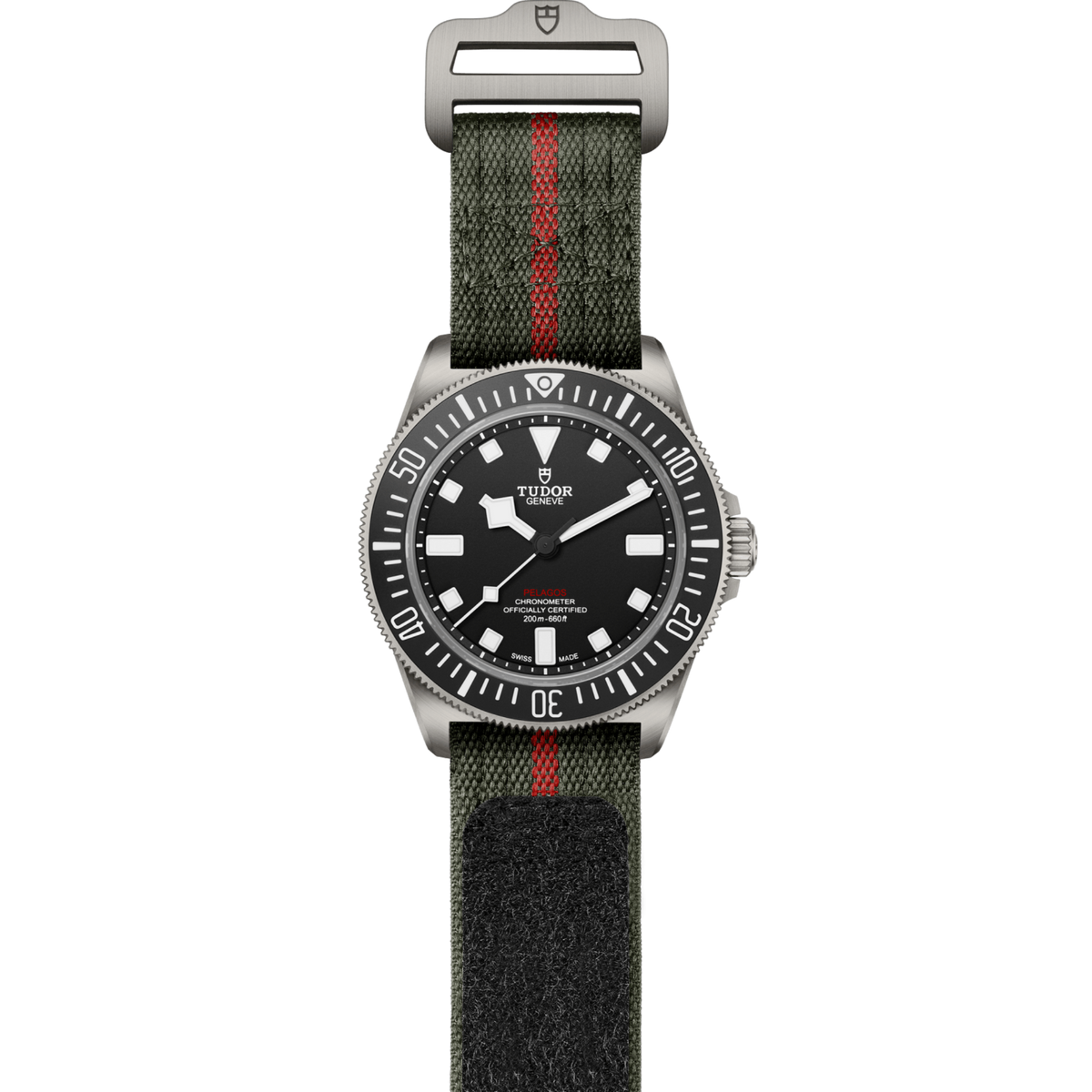 full view of Tudor Pelagos showing the complete green fabric strap with red stripe and rugged dive-watch profile