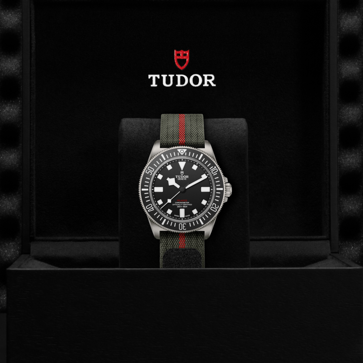 Tudor Pelagos positioned on its side highlighting the titanium case thickness, bezel edge and screw-down crown
