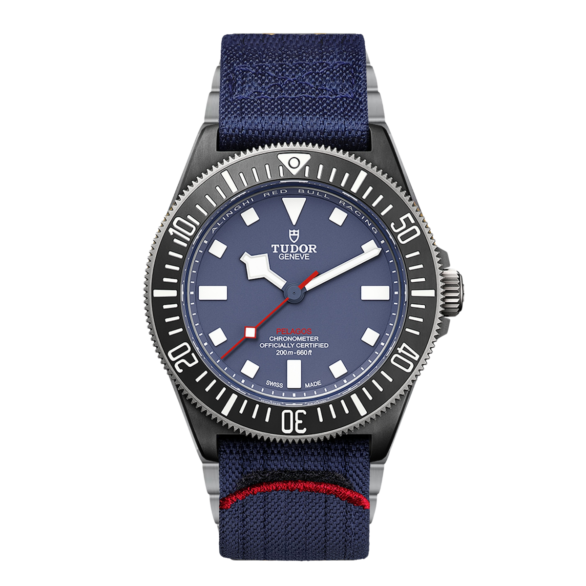 TUDOR Pelagos FXD Alinghi Red Bull Racing Edition 42mm automatic watch with matte blue dial and blue fabric strap