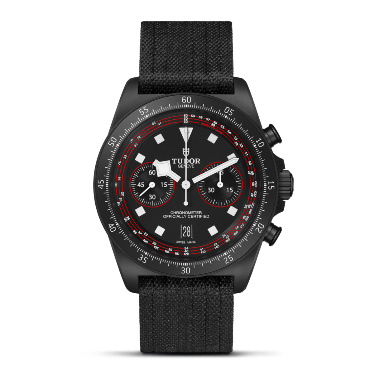 Tudor Black Bay Chrono watch with black dial, red accents and black fabric strap
