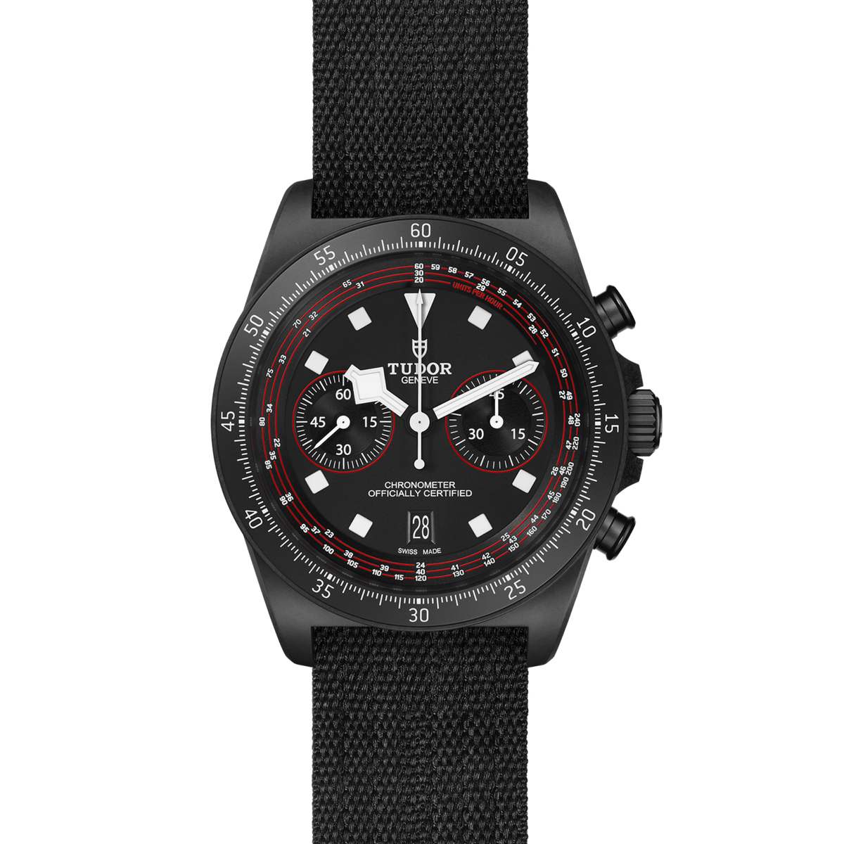 full view of Tudor Black Bay Chrono showcasing the matte black case and sporty fabric strap