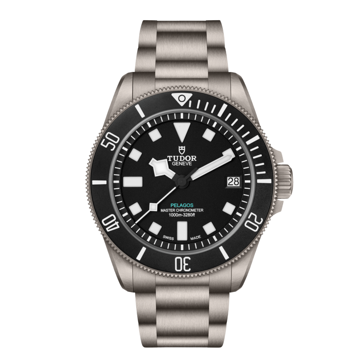 Tudor watch with black dial and silver bracelet on a transparent background.