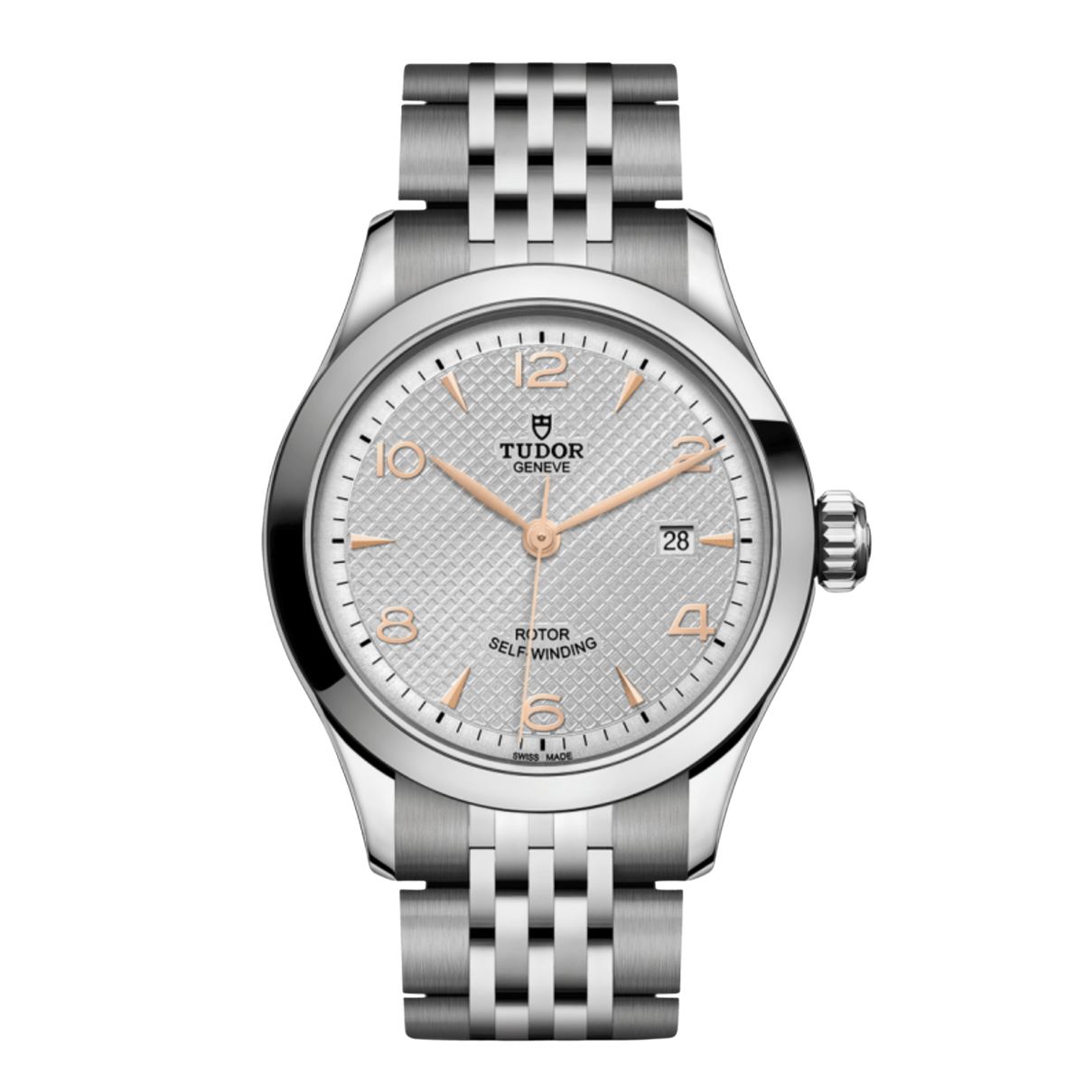 Tudor 1926 watch with silver textured dial, rose gold-tone numerals and stainless steel bracelet.