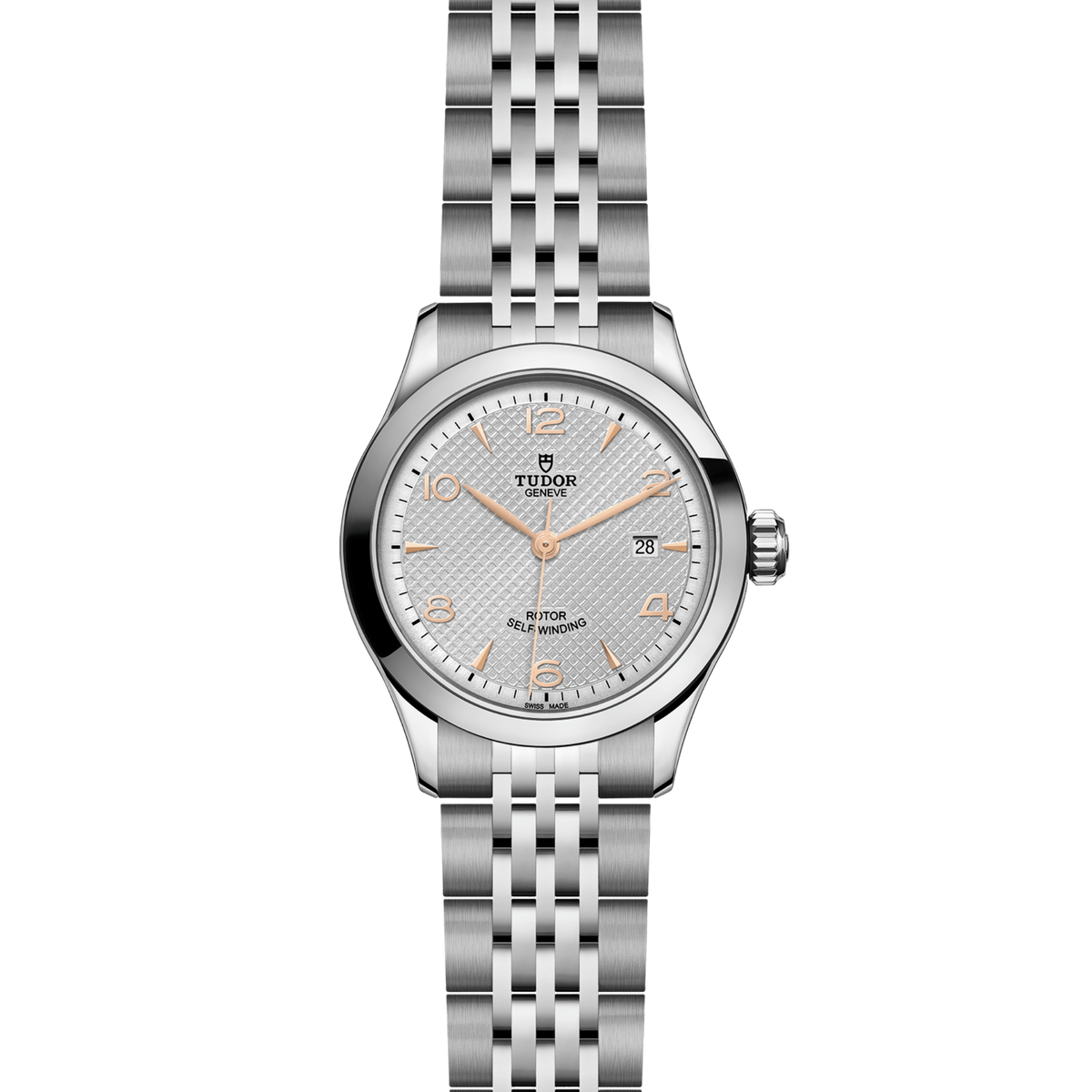 full view of Tudor 1926 highlighting the five-link steel bracelet and elegant case proportions