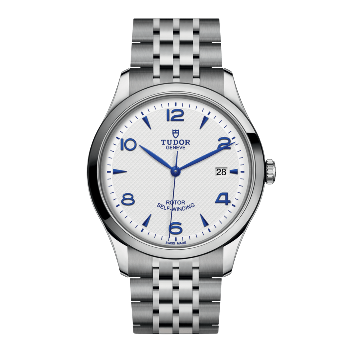 Tudor 1926 watch with white textured dial, blue numerals and stainless steel bracelet