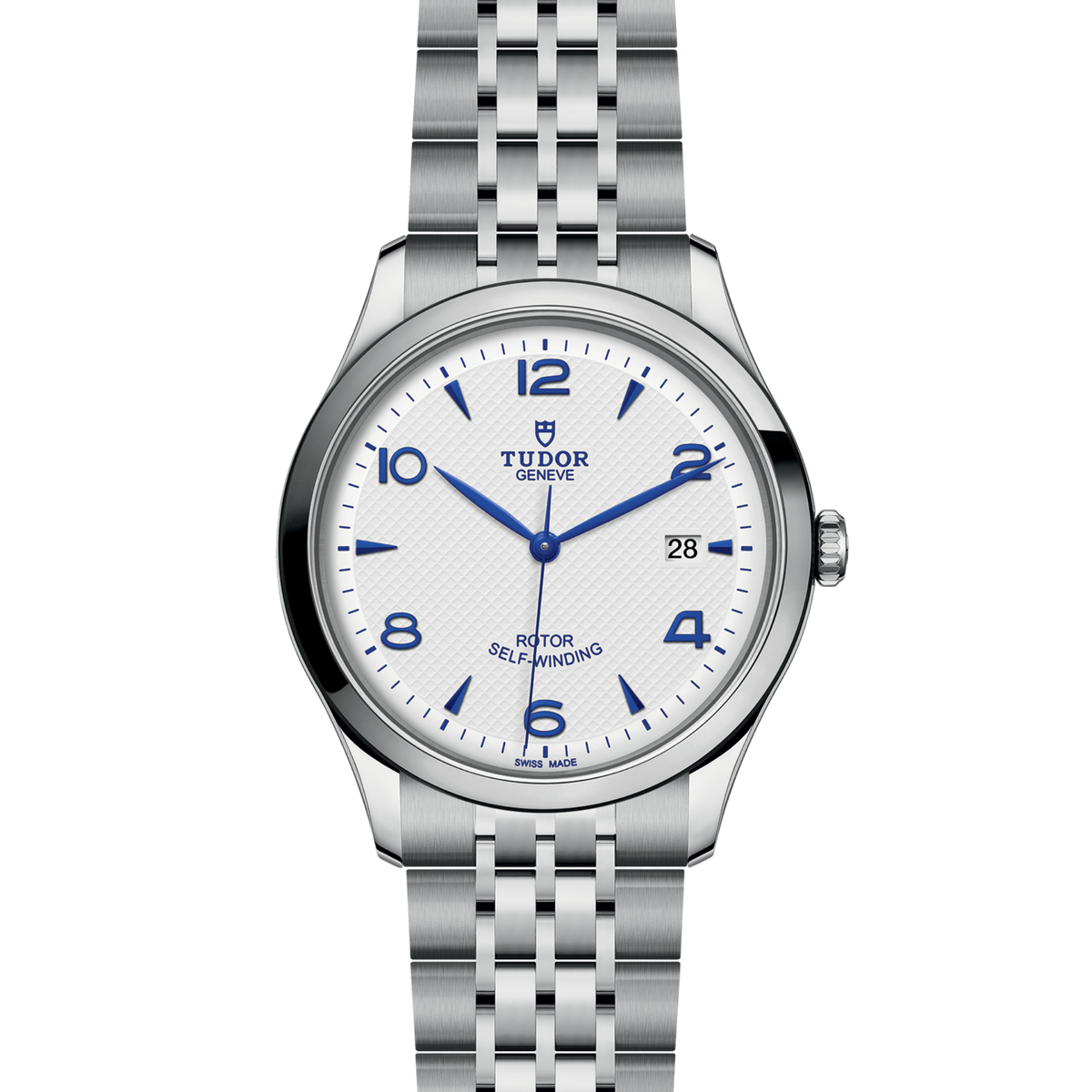 full view of Tudor 1926 highlighting the multi-link steel bracelet and classic case proportions