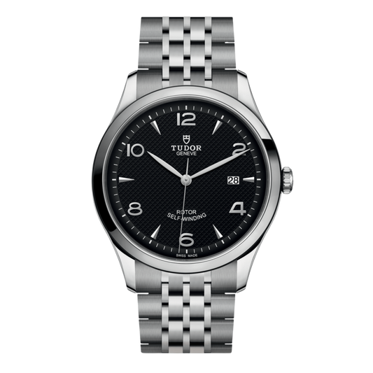 Tudor 1926 watch with black textured dial and stainless steel bracelet