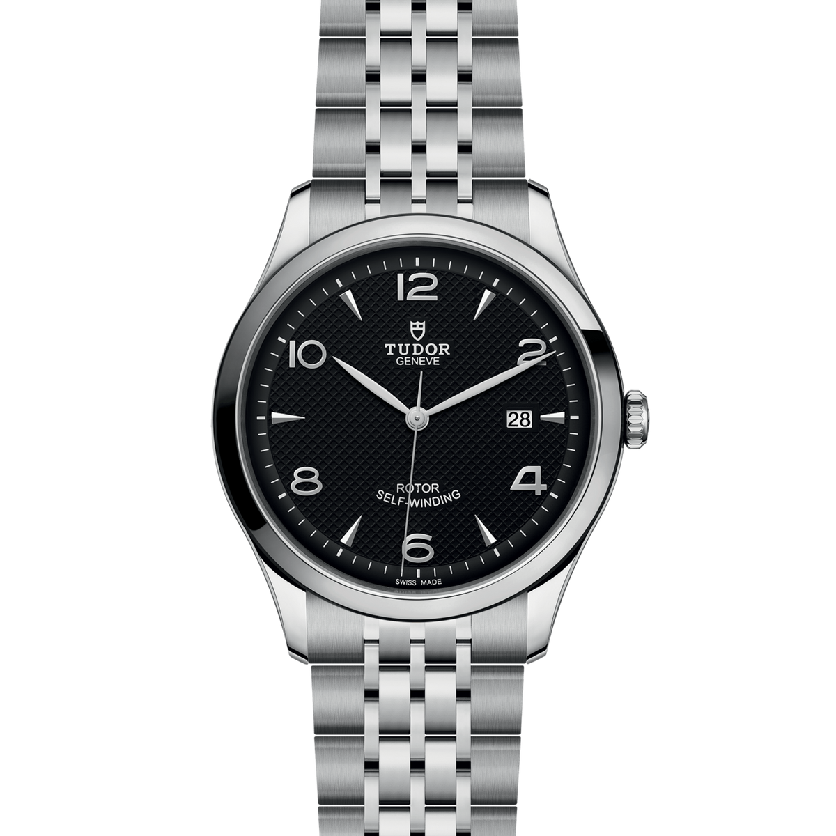 full view of Tudor 1926 highlighting the multi-link steel bracelet and classic case proportions