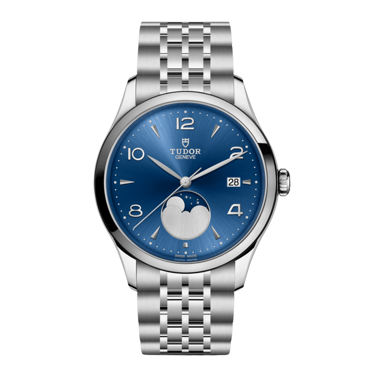 Tudor 1926 Moonphase watch with blue dial and stainless steel bracelet.