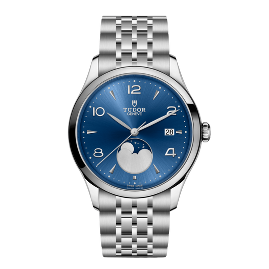 Tudor 1926 Moonphase watch with blue dial and stainless steel bracelet.