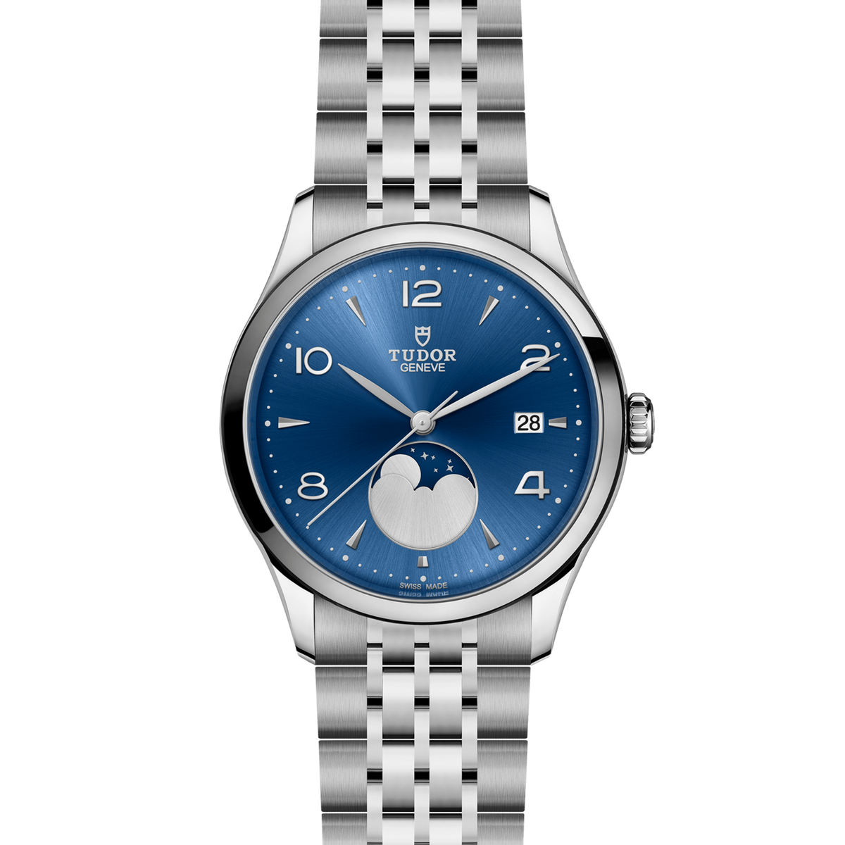 full view of Tudor 1926 Moonphase highlighting the multi-link steel bracelet and elegant case proportions