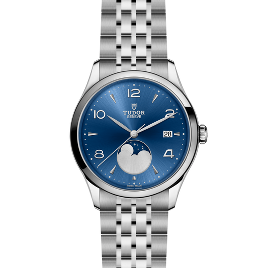 full view of Tudor 1926 Moonphase highlighting the multi-link steel bracelet and elegant case proportions