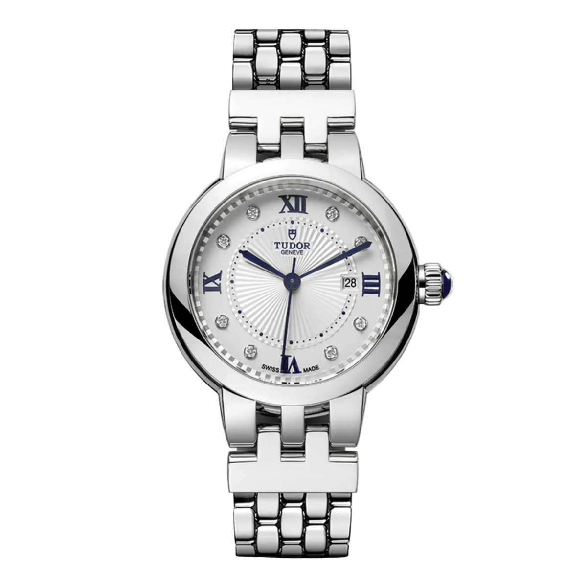 Tudor stainless steel watch with silver dial, diamond hour markers, blue Roman numerals and date display