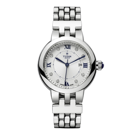 Tudor stainless steel watch with silver dial, diamond hour markers, blue Roman numerals and date display