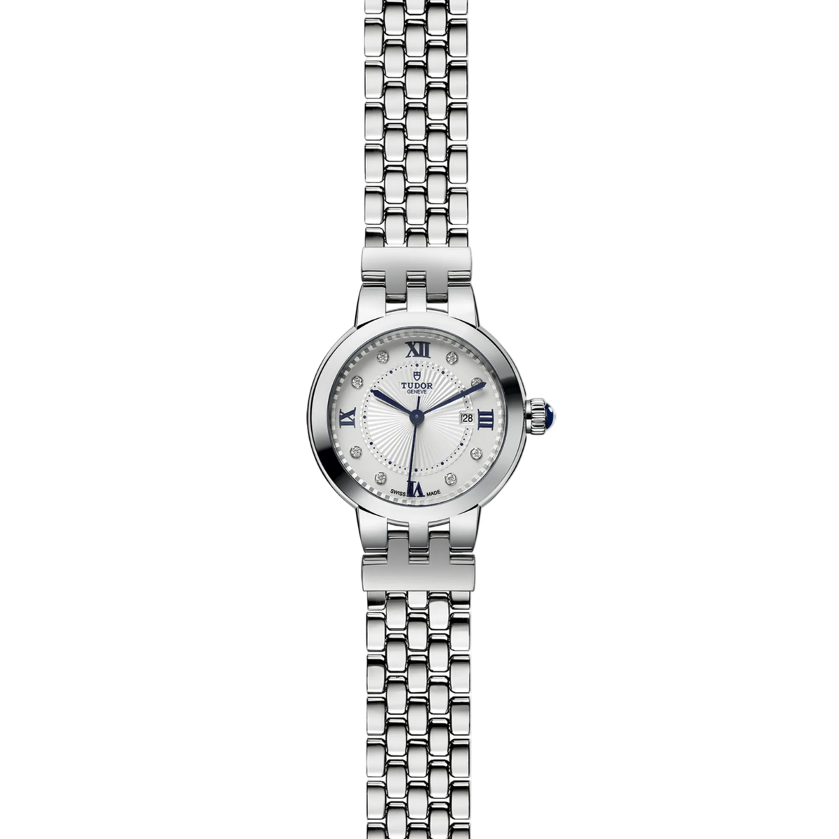 full view of Tudor watch showing the complete stainless steel bracelet and elegant compact case profile