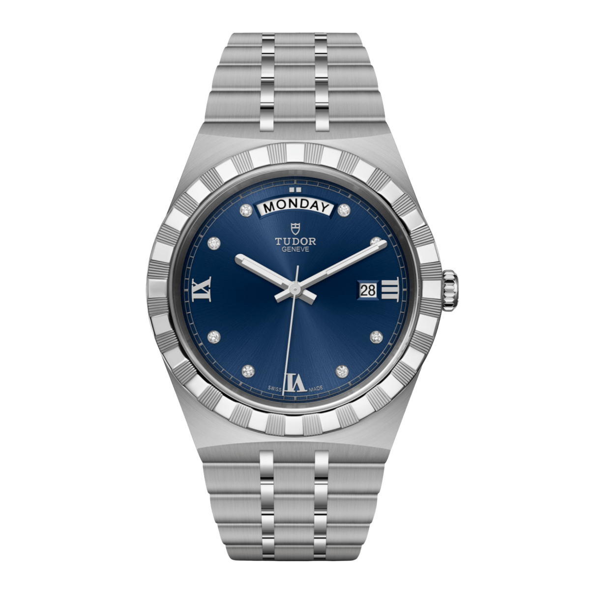 Tudor stainless steel watch with blue sunray dial, diamond hour markers, day-date display and notched bezel