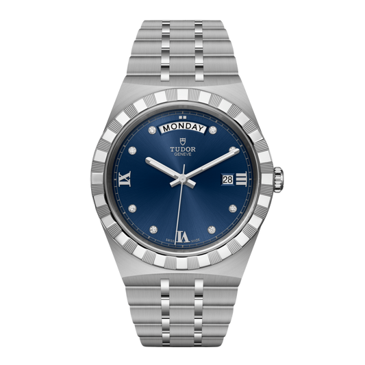 Tudor stainless steel watch with blue sunray dial, diamond hour markers, day-date display and notched bezel