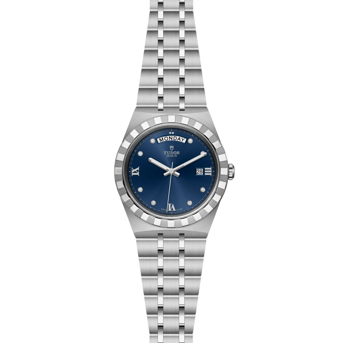 full view of Tudor watch showing the complete stainless steel integrated bracelet and balanced 41mm case profile