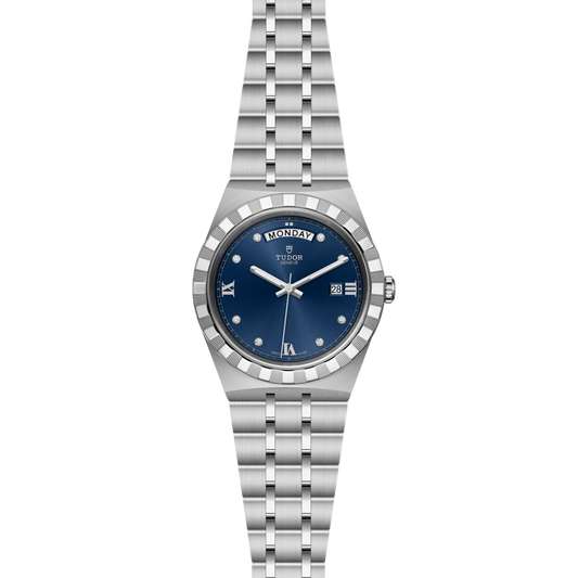 full view of Tudor watch showing the complete stainless steel integrated bracelet and balanced 41mm case profile