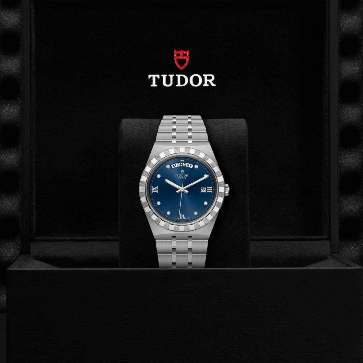 Tudor watch displayed in its presentation box showcasing the premium packaging and interior finish