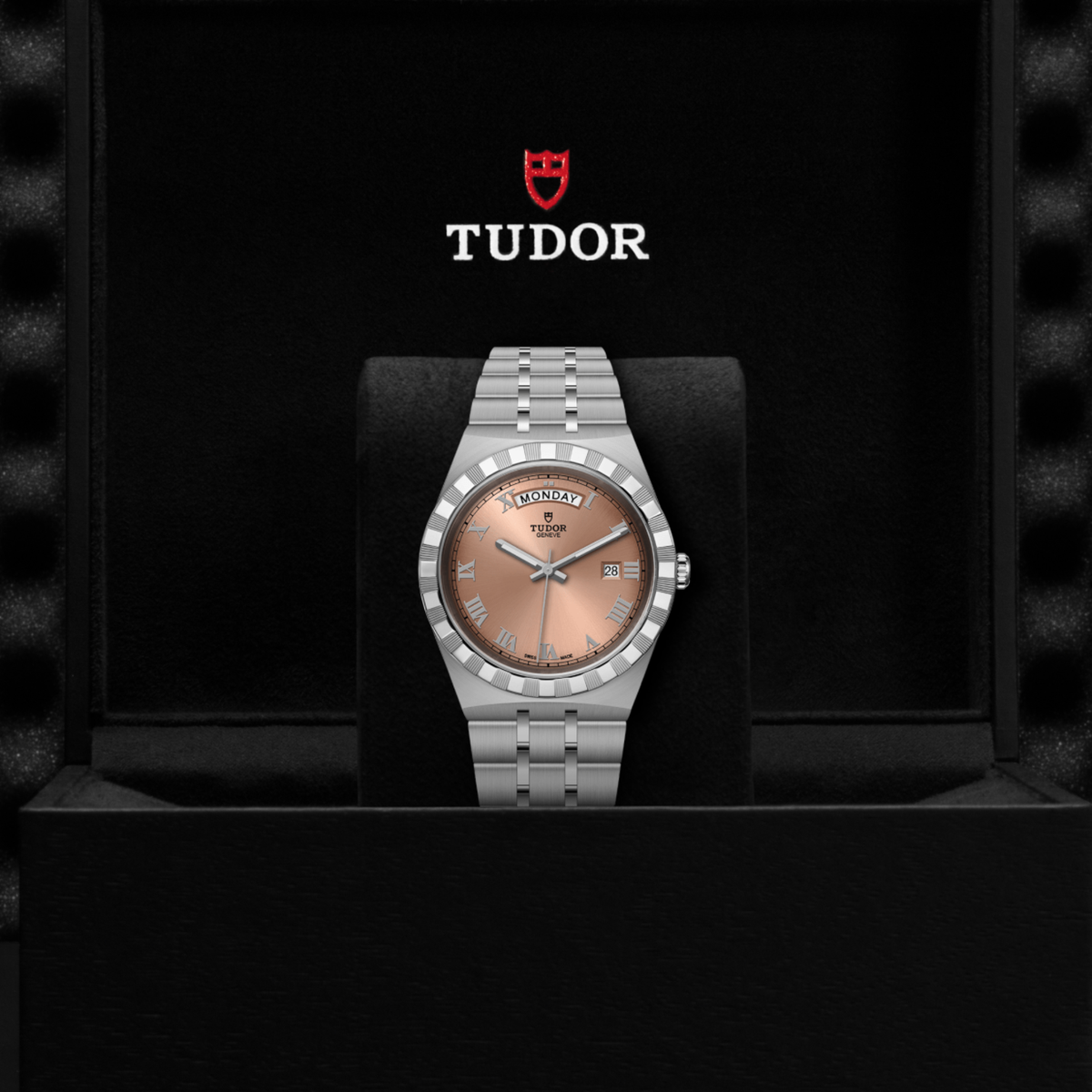 Tudor watch displayed in its presentation box showcasing the premium packaging and interior finish