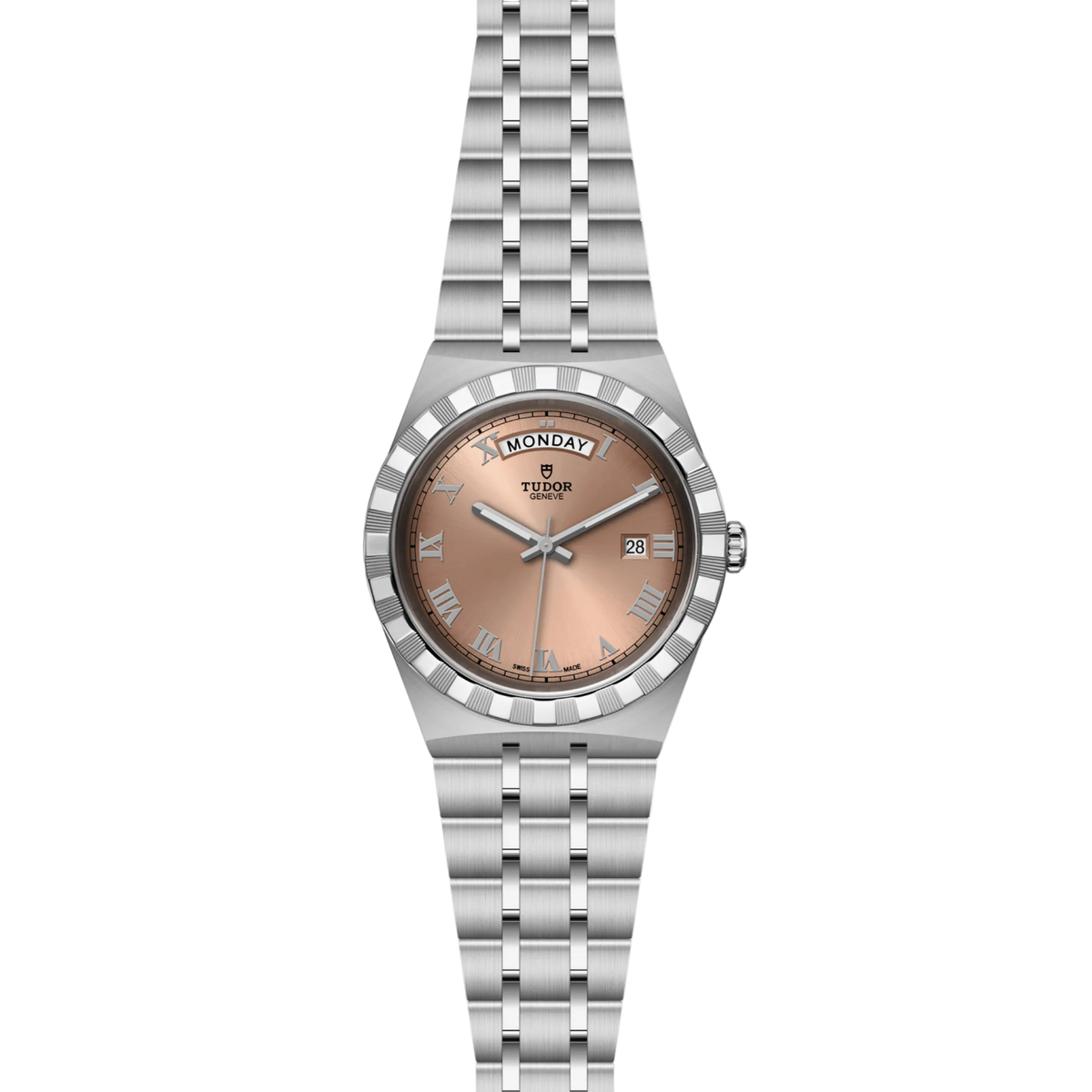 full view of Tudor watch showing the complete stainless steel integrated bracelet and clean 41mm case profile